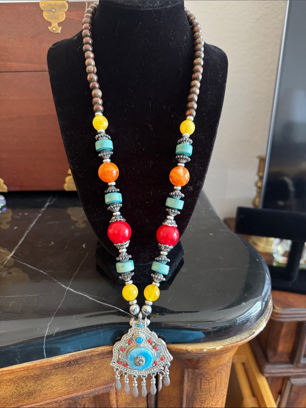 Handcrafted Multicolor Bead Pendant Necklace - Turquoise, Red, Yellow